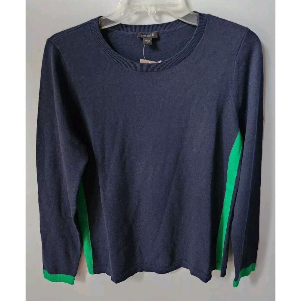 NWT J JILL Wearever Contrast Cotton Blend Sweater Top Navy Blue Green S $79.00